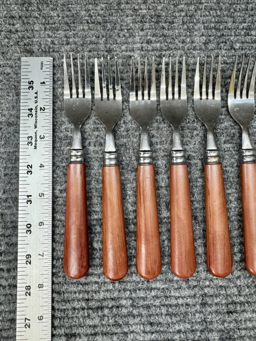 Faberware Silverware Lot Of 7 Table Forks Faux Wood Brown Handle Set Vintage